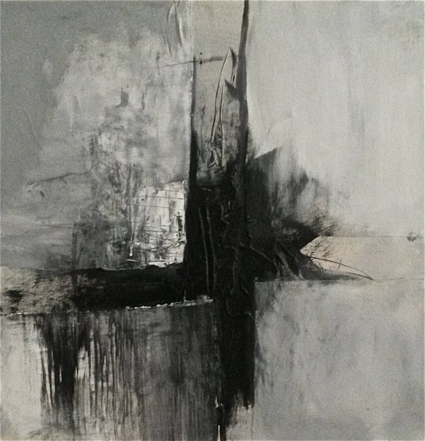 Kruis zwartwit 1 - Acryl, stof en potlood op doek - 50 x 50