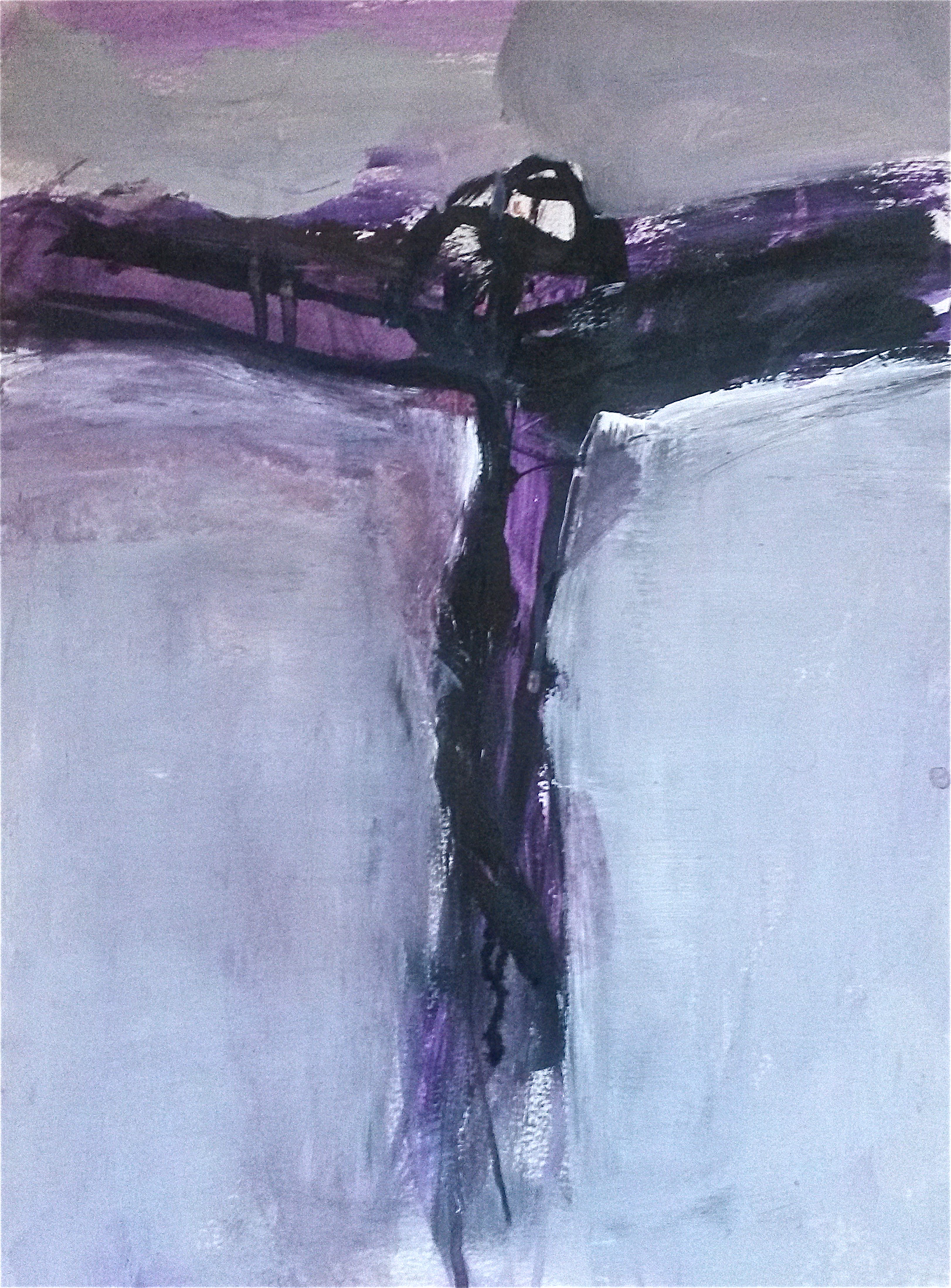 Crucifix paars 1 - Acryl, inkt en houtskool op papier - 36 x 48