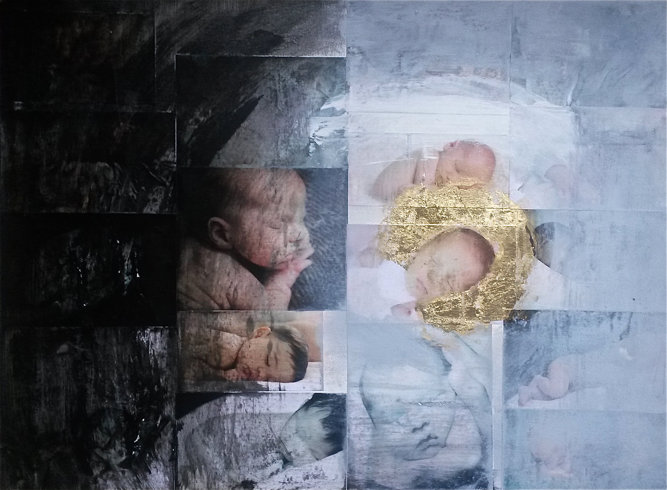 Christuskind 1 - Acryl, collage en bladgoud op doek - 60 x 80