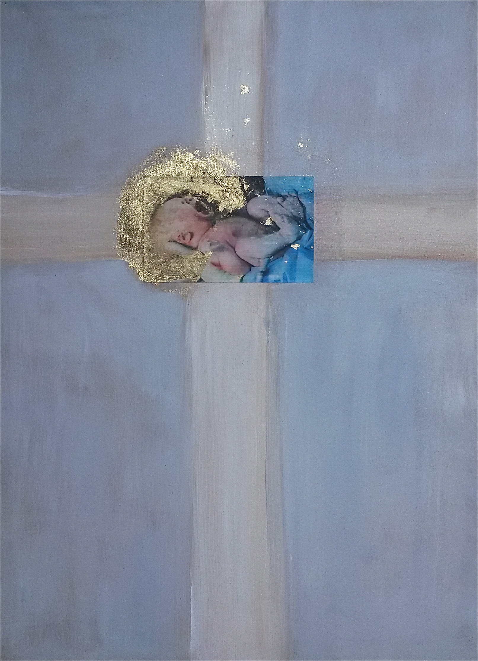 Christuskind 2 - Acryl, collage en bladgoud op doek - 60 x 80