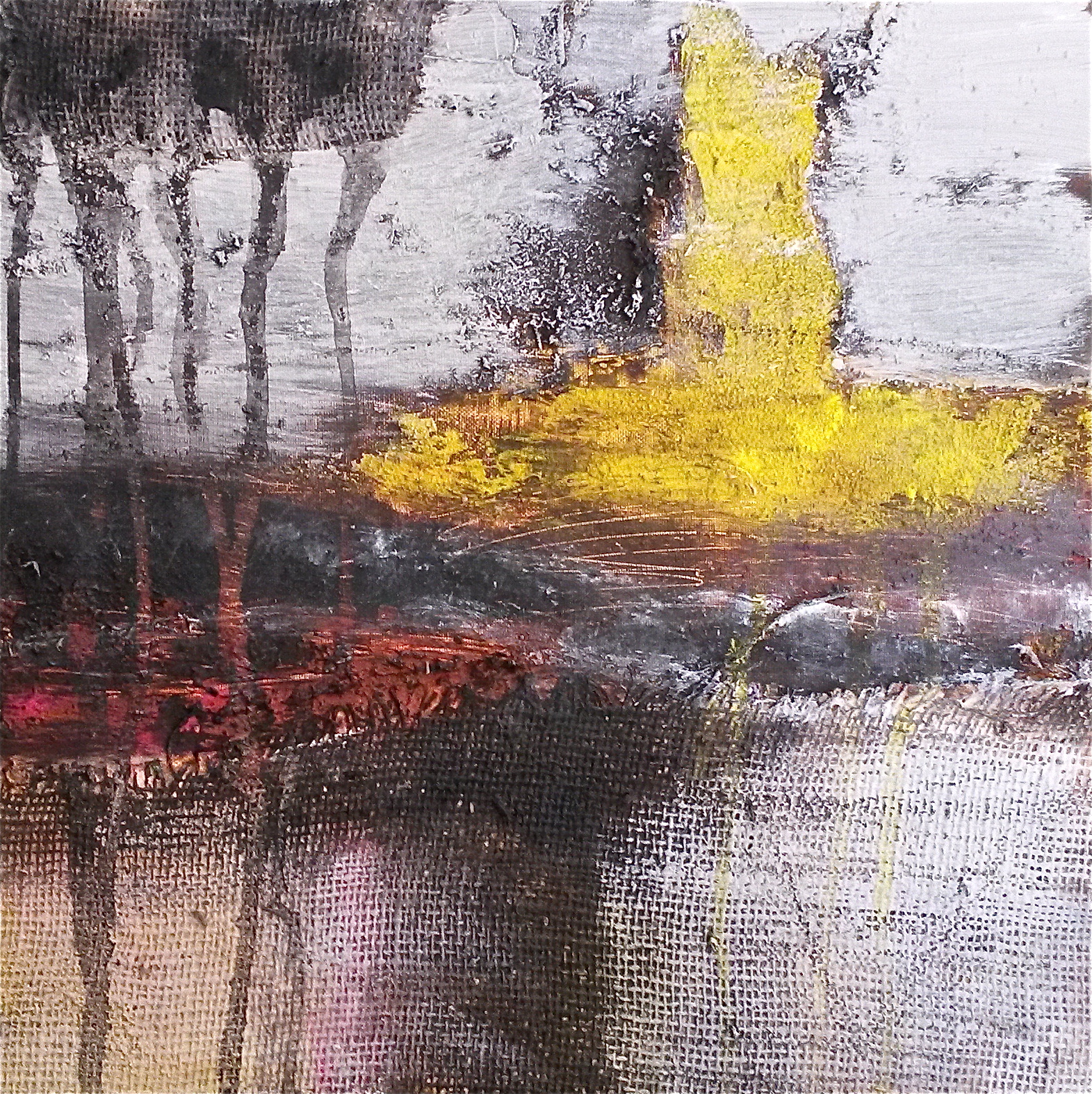 Abstract Geel - Acryl, Zand, Zaagsel, Jute en Oliepastel op doek - 40 x 40